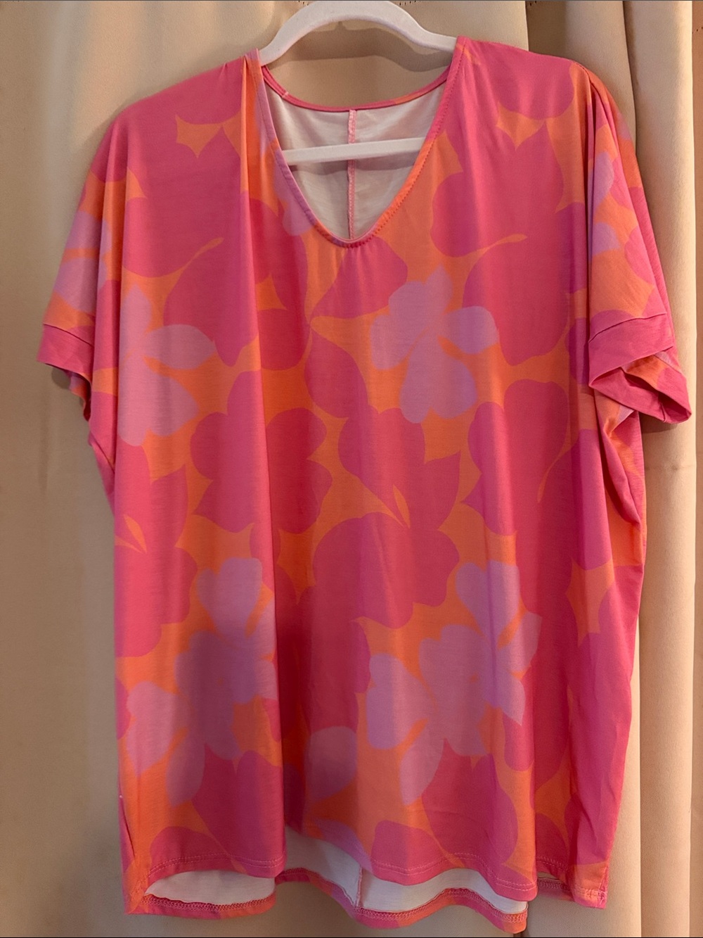 Women's Pink & Orange Floral V-Neck Top Oversized Fit/ Boutique Small